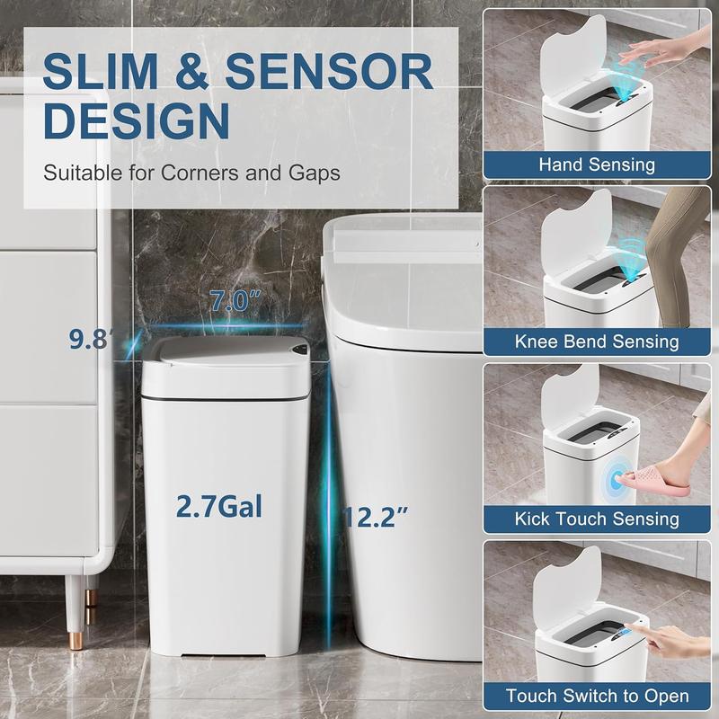 2 Pack 2.7 Gal Bathroom Trash Can with Lid, Automatic Trash Can Small Smart Garbage Can Touchless, Slim Motion Sensor Waterproof Plastic Trash Bins for Bedroom Office Kitchen Toilet