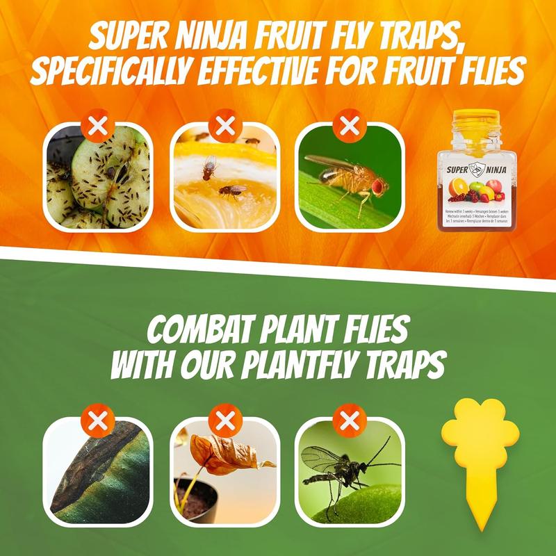 Super Ninja Fruit Fly Traps for Indoors - 2 Traps - Highly Effective Eco-Friendly Fruit Fly Catcher for Indoors - Pet and Child Safe - up to 3 Weeks per Bottle Super Ninja