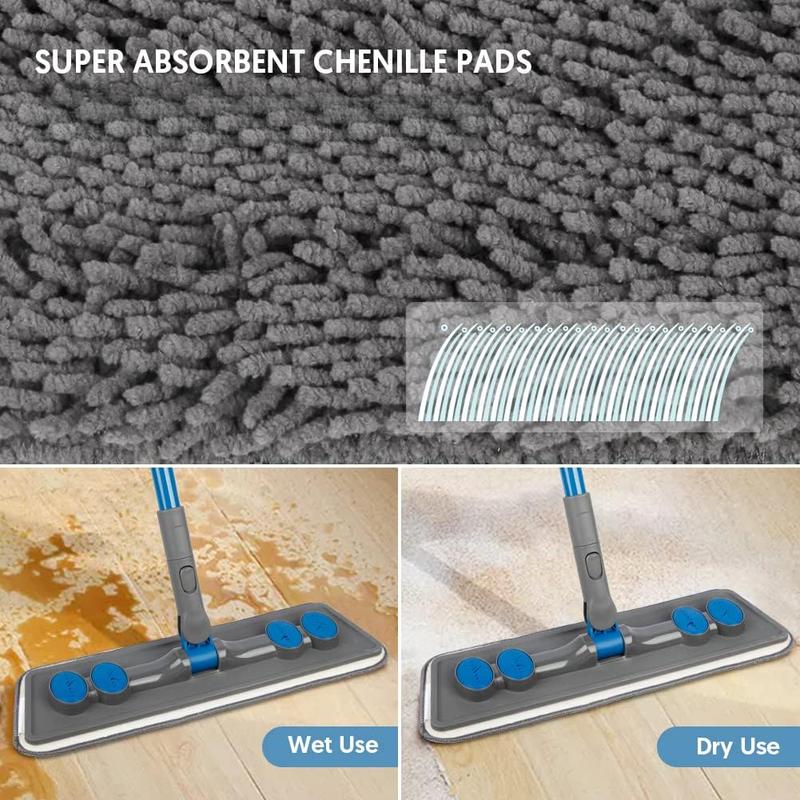 Microfibre Floor Mop for Cleaning Floors - Flat Floor Mop for Laminate Wooden Hard Floor Vinyl Tile, Dust Wet Dry Mop for Kitchen Bathroom Wall Cleaning with 3 Washable Chenille Pads Wipes