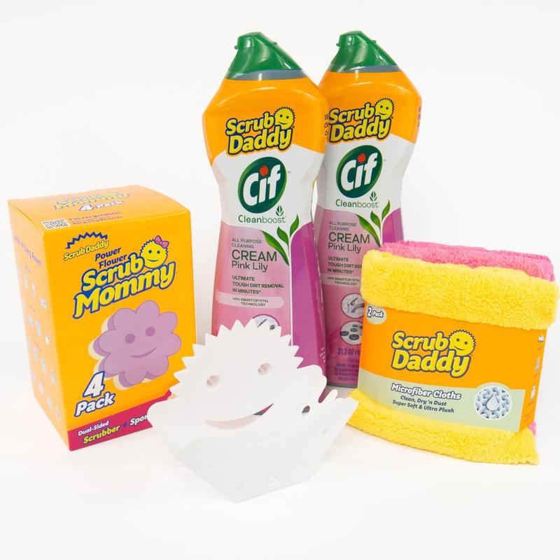 Scrub Daddy Cleaning Supplies Kit - Cif Floral Bundle - Includes Scrub Mommy Dish Sponges, Microfiber Towels, Kitchen Sink Caddy & Cif Cream All Purpose Cleaner, Pink Lilly (9 Count) Scrub Daddy