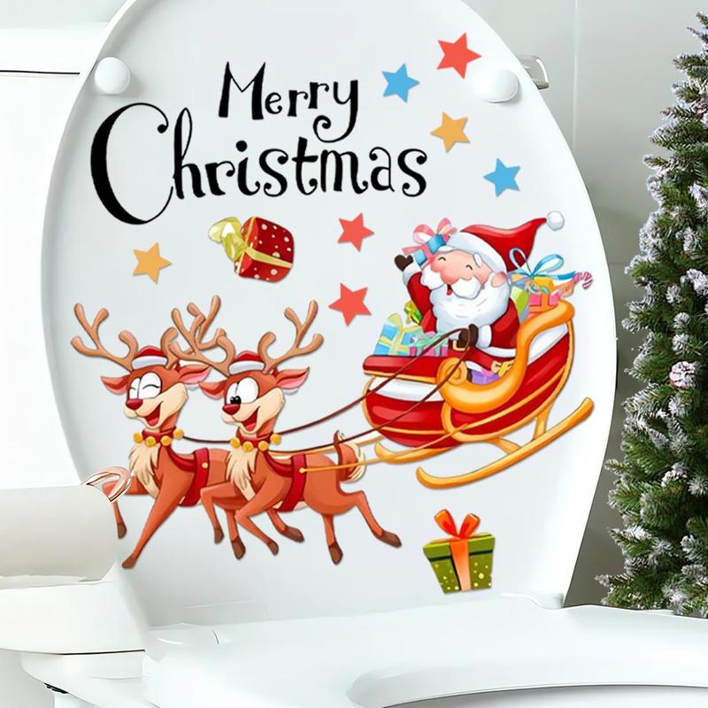 Santa Claus & Reindeer Pattern Toilet Sticker, 1 Count Waterproof & Detachable Toilet Lid Decal, Bathroom Accessories for Home & Hotel & Dormitory