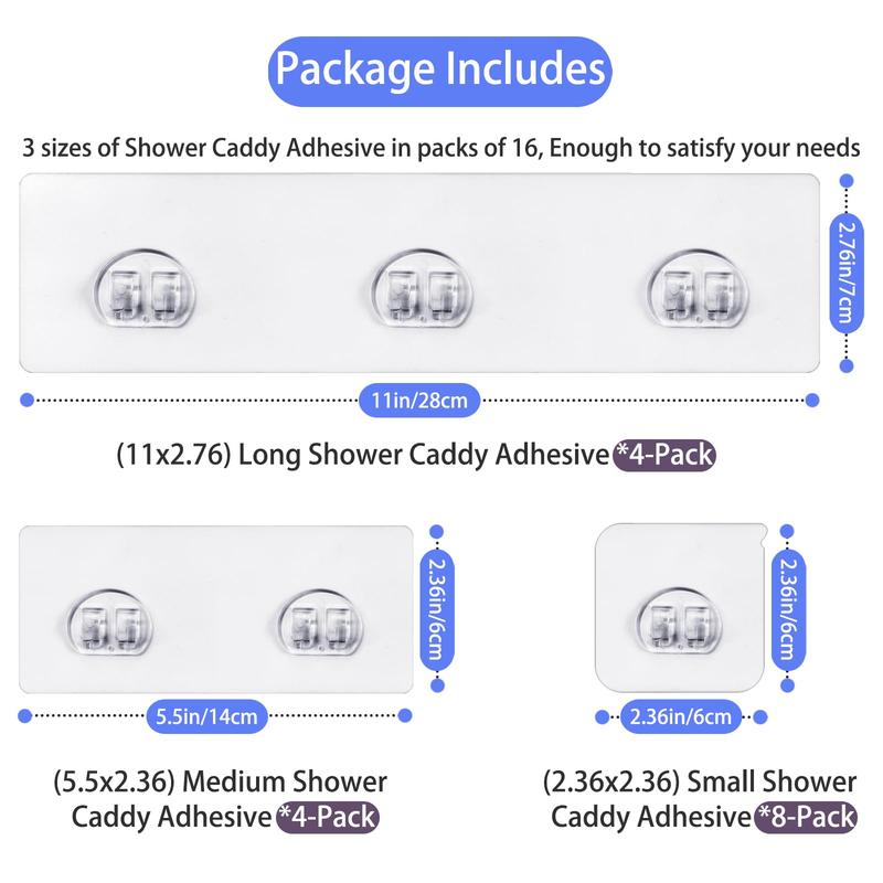 16-Pack Shower Caddy Adhesive, Strong Hook Strip for Shower Caddy Basket Shelf, Soap Holder, Bathroom Storage Racks Organiser Transparent