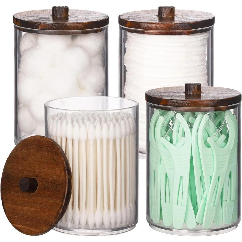 Pack Qtip Holder Bathroom Set, 10 oz Restroom Bathroom Organizers and Storage Containers, Clear Plastic Apothecary Jars with Wood Lids for Cotton Ball, Cotton Swab, Floss(Creative Life Pavilion) Bottles Tin Canister Wooden