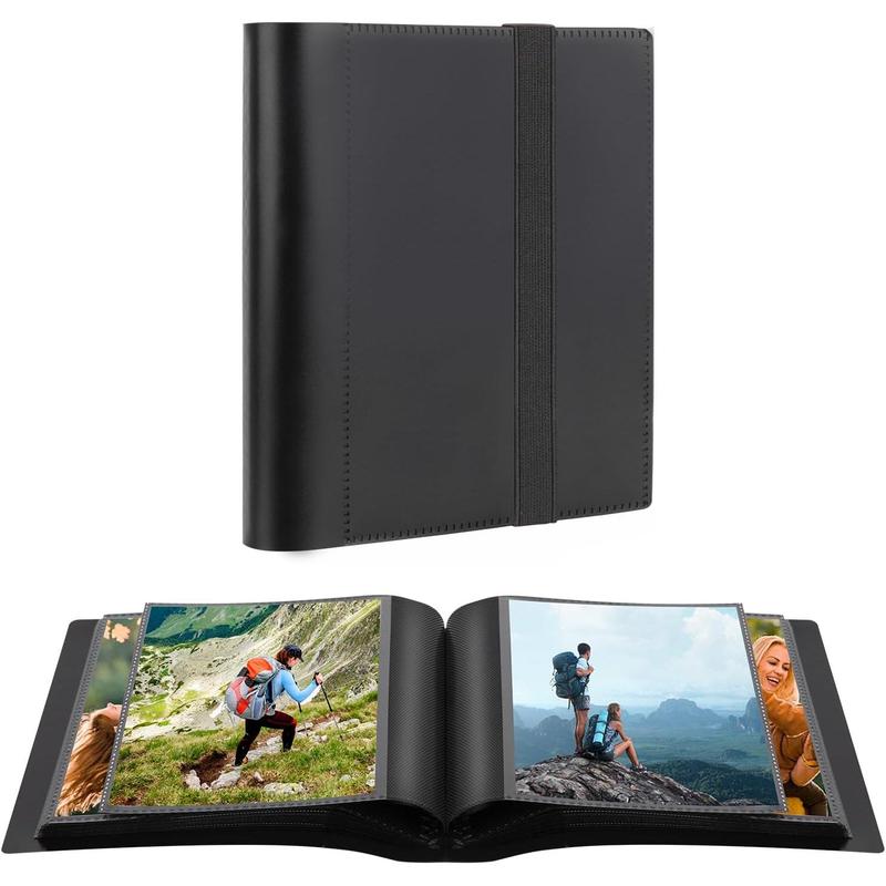 Photo Album 5x7 Holds 64 Photos Black Inner Pages with Strong Elastic Band, Small Photo Album 5x7, Mini Picture Book for 5x7 Artwork, Art Storage, Postcards, Drawings (Black)