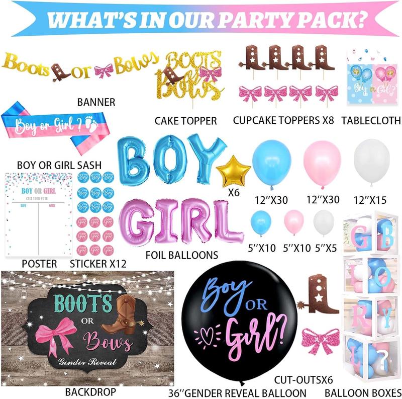 Boots or Bows Gender Reveal Decorations, 169 count Boy or Girl Gender Reveal Decorations Backdrop Balloon Garland Glitter Banner Tablecloth Cake Cupcake Topper Box Cutout Poster Sash Pink Blue