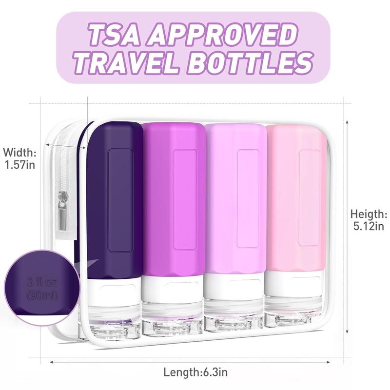 Travel Bottles Leak Proof, Tsa Approved 3Oz Silicone Travel Size Bottles, BPA Free Refillable Travel Containers Sets for Shampoo Conditioner with Clear Toiletry Bag 4 Pack