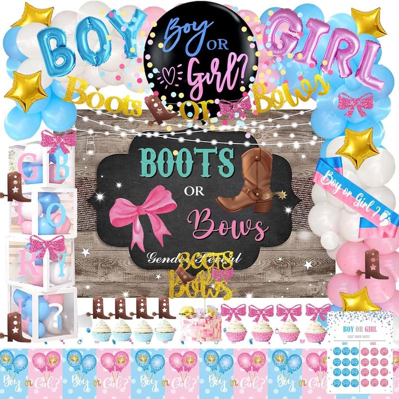 Boots or Bows Gender Reveal Decorations, 169 count Boy or Girl Gender Reveal Decorations Backdrop Balloon Garland Glitter Banner Tablecloth Cake Cupcake Topper Box Cutout Poster Sash Pink Blue