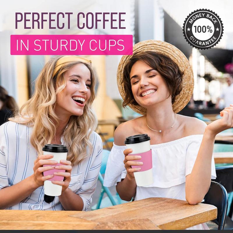 [50 Pack 20 oz Disposable Coffee Cups with Black Lids and Pink Sleeves,   Coffee Cups with Lids for Hot Cold Beverages, Pink Coffee Cups for Party, Wedding, Birthday