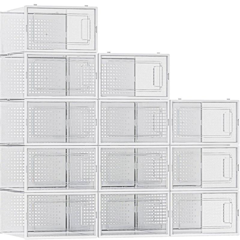 12 Pack Shoe Organizer Storage Bins, Clear Plastic Stackable Shoe Boxes for Closet, Space Saving Foldable, Sneaker Shoe Box, White Frame