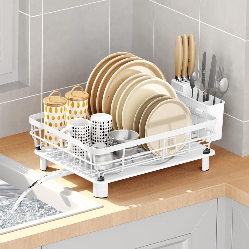 Kitchen Dish Drying Rack for Countertop with Drainboard Adjustable Spout Dish Strainers with Utensil Holder Knife Slots