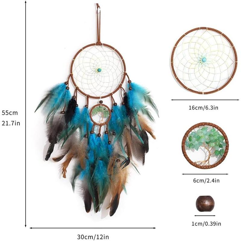 Dream Catcher Blue Tree of Life with Feathers, Fairy Lights Handmade Indians Traditional Circular Net for Wall Hanging Decor, Home Decoration Wedding Party Blessing Gift