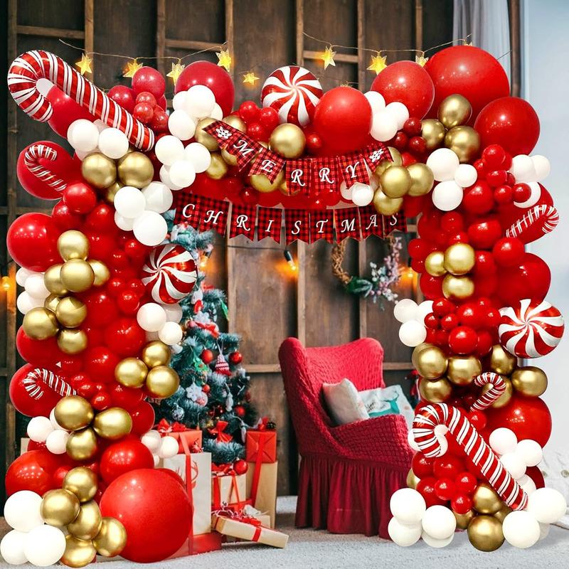 153Pcs Christmas Balloons Garland Arch Kit with Xmas Red Gold White Balloon Candy Cane Foil Balloon for Christmas Party Decorations