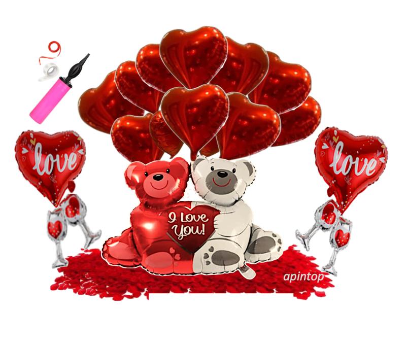 Apintop 'I Love You' Balloon Set 2 Love Cup Big Teddy Bear Foil Balloon 12 Heart Foil Balloon 1000 Silk Rose Petals (ready separated) Suitable with Air or Helium for Romantic Decorations Includes air balloon pump 100 dot glue Gift Set Wedding Set Wedding