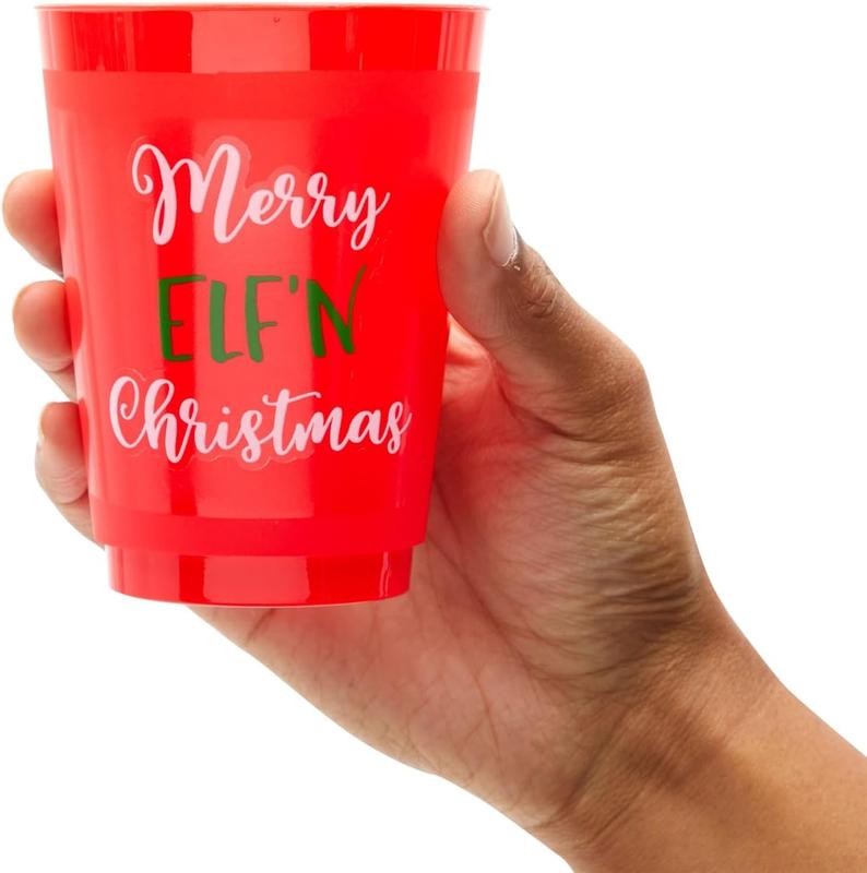 - 24 Pack Plastic Christmas Cups, 16oz Reusable Tumblers for Holiday Party Supplies Decorations (4 Designs)