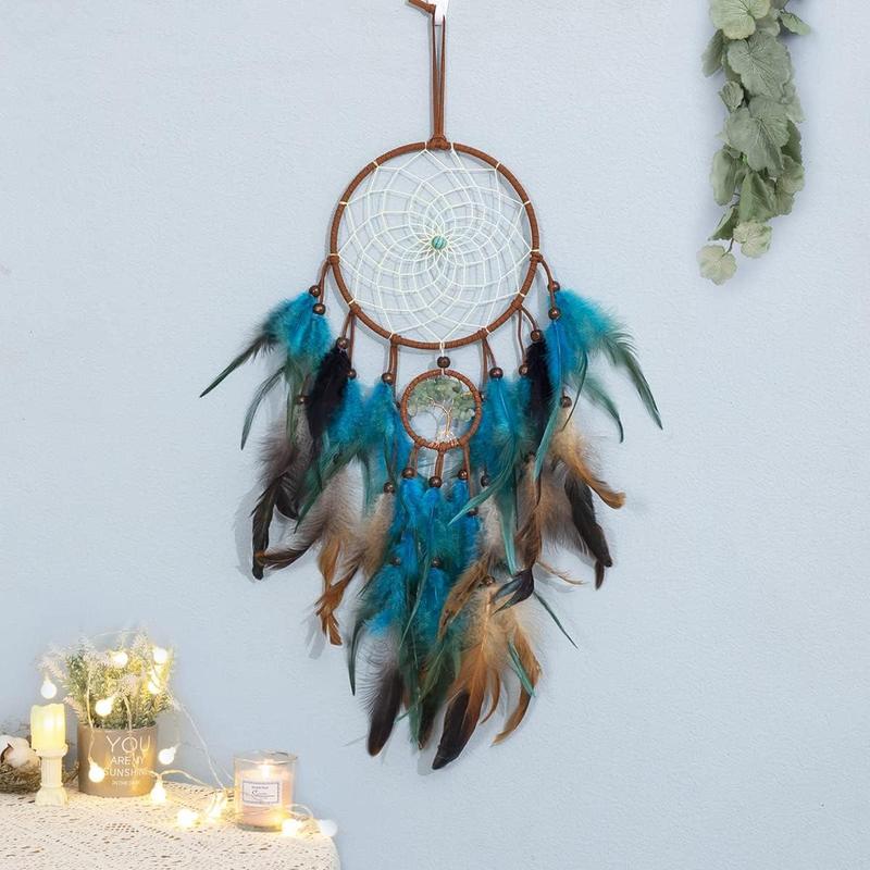 Dream Catcher Blue Tree of Life with Feathers, Fairy Lights Handmade Indians Traditional Circular Net for Wall Hanging Decor, Home Decoration Wedding Party Blessing Gift