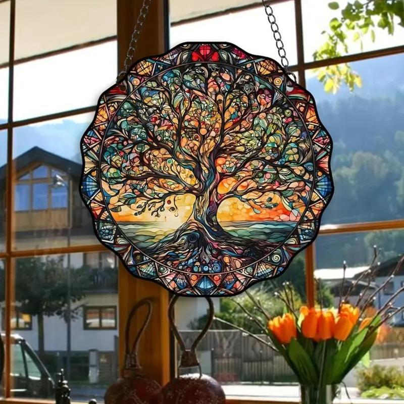 Tree Pattern Hanging Decor, 1 Count Round Stained Glass Hanging Ornament, Wall Art Decor for Home Living Room Bedroom Study Room