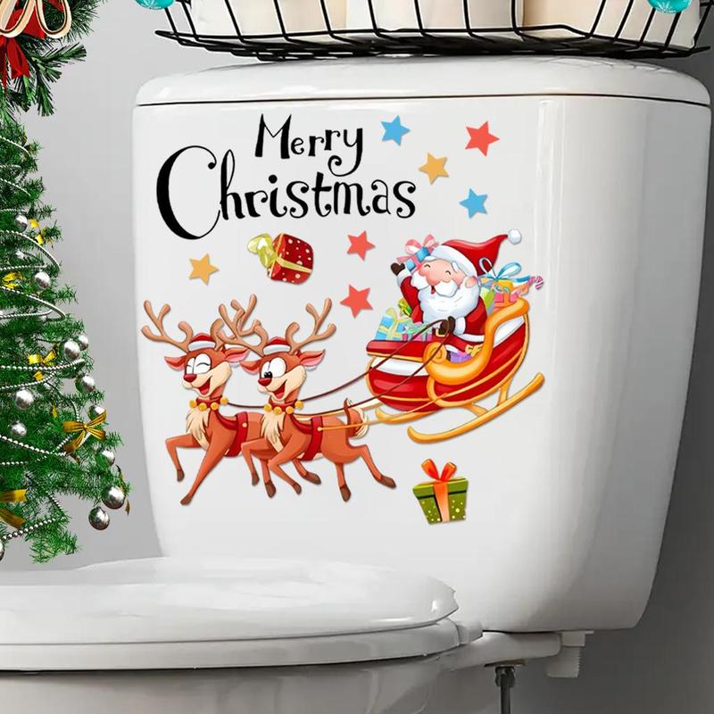 Santa Claus & Reindeer Pattern Toilet Sticker, 1 Count Waterproof & Detachable Toilet Lid Decal, Bathroom Accessories for Home & Hotel & Dormitory