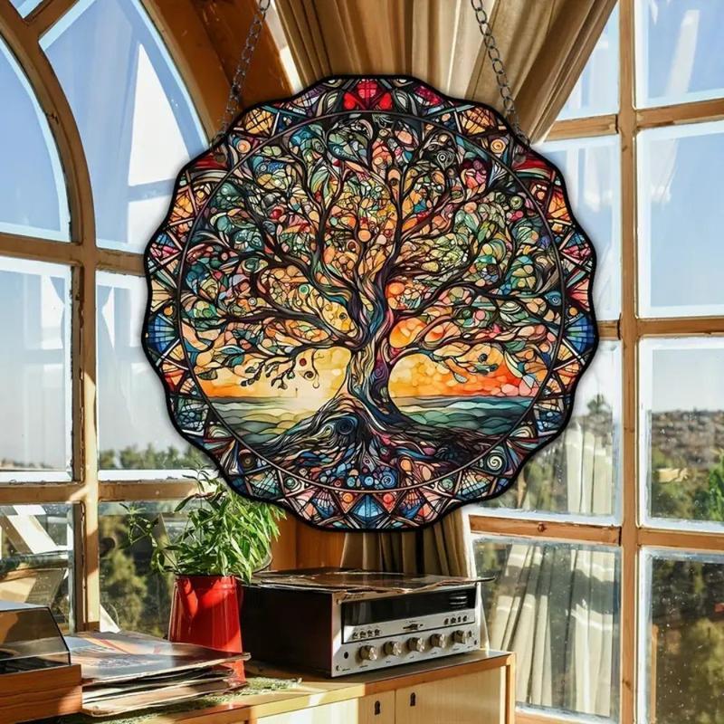 Tree Pattern Hanging Decor, 1 Count Round Stained Glass Hanging Ornament, Wall Art Decor for Home Living Room Bedroom Study Room