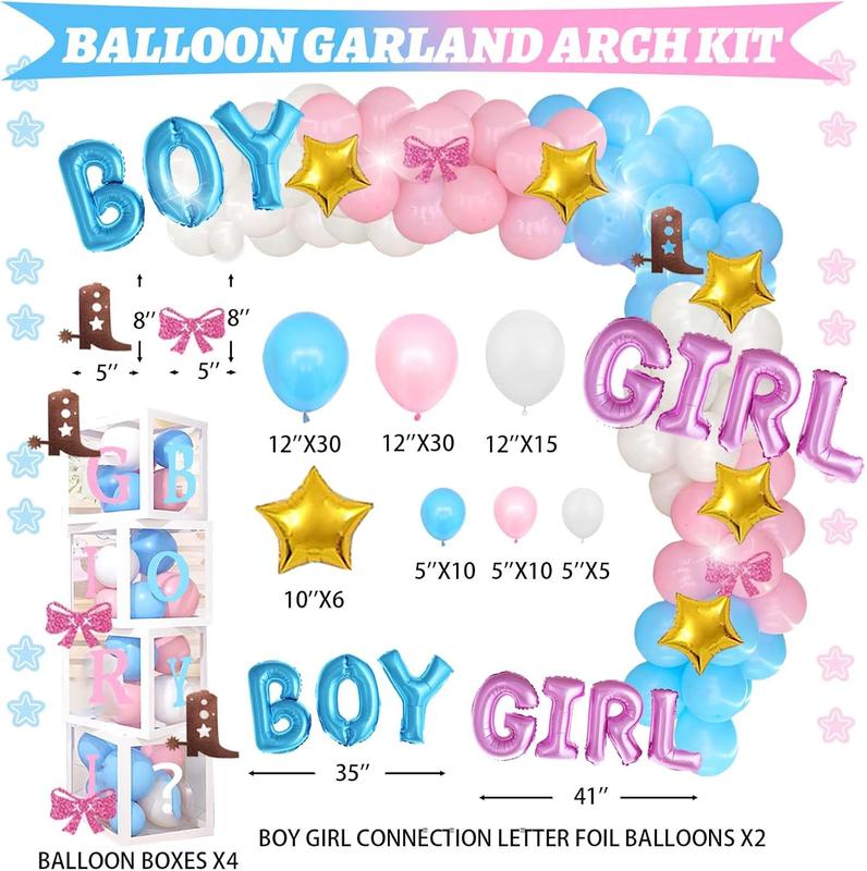 Boots or Bows Gender Reveal Decorations, 169 count Boy or Girl Gender Reveal Decorations Backdrop Balloon Garland Glitter Banner Tablecloth Cake Cupcake Topper Box Cutout Poster Sash Pink Blue