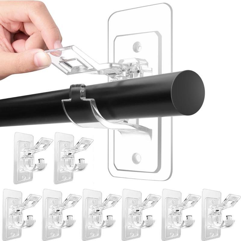 8-Pack No Drill Needed Curtain Rod Holders Brackets, Self Adhesive Rod Holder Hooks, Multipurpose Nail Free Stick on Curtain Rod Hooks Organiser