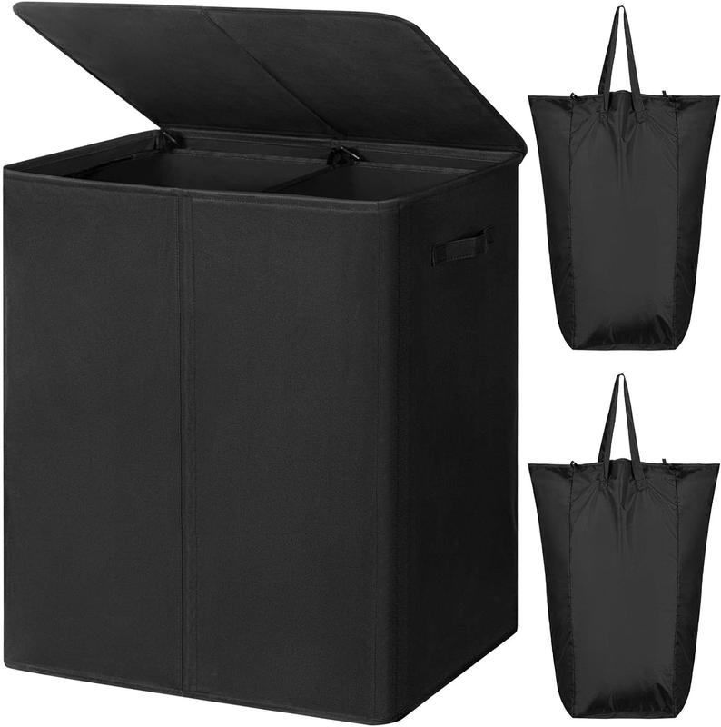 154L Double Laundry Hamper with Lid and Removable Laundry Bags - Large Dirty Clothes Hamper for Bedroom, Bathroom, and College - Black Organiser