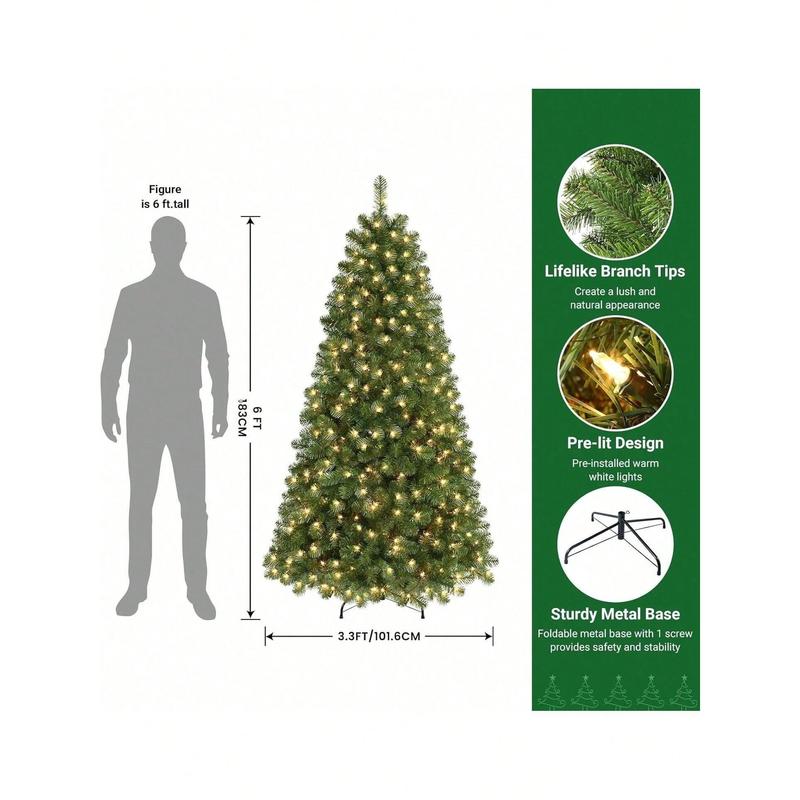 SHARECONN 4FT, 5FT, 6FT, 7FT, 7.5FT, 9FT, SHareconn Prelit Premium Artificial Hinged Christmas Tree With Pre-Lit Warm White Lights, Branch Tips And Foldable Stand, Perfect Choice For Xmas Decoration, Green