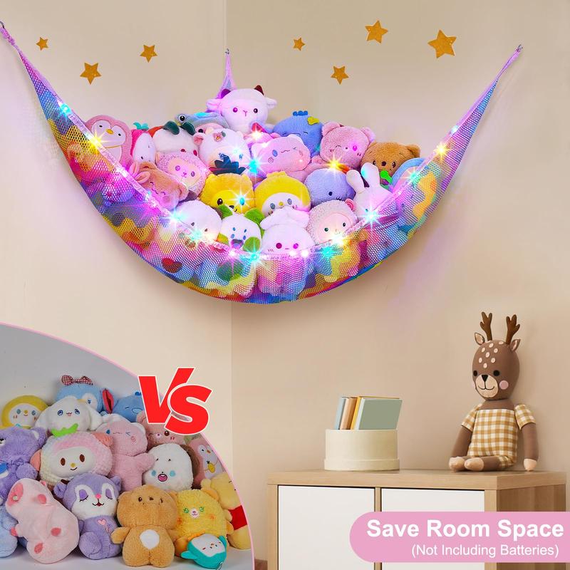 Stuffed Animals Net or Hammock Toy Storage Organizer with LED Light Unicorn Castle Hanging Corner Stuffed Animals Holder Girls Room Decor (Pack of 1)