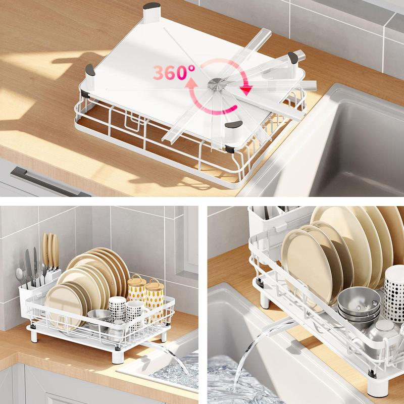 Kitchen Dish Drying Rack for Countertop with Drainboard Adjustable Spout Dish Strainers with Utensil Holder Knife Slots