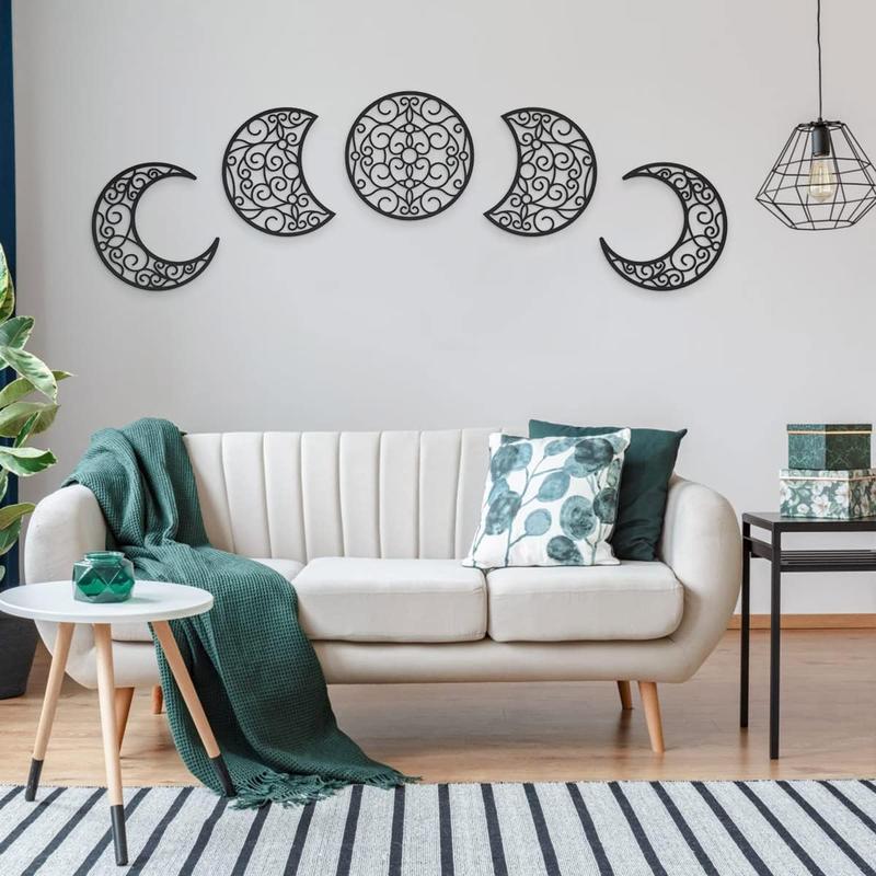 5Pcs Moon decoration wall decoration,12 Inch Moon Phase Spiritual Bedroom Wall Hanging Decor,boho bedroom decor home wall decoration (Wood color) Hollow Ornaments