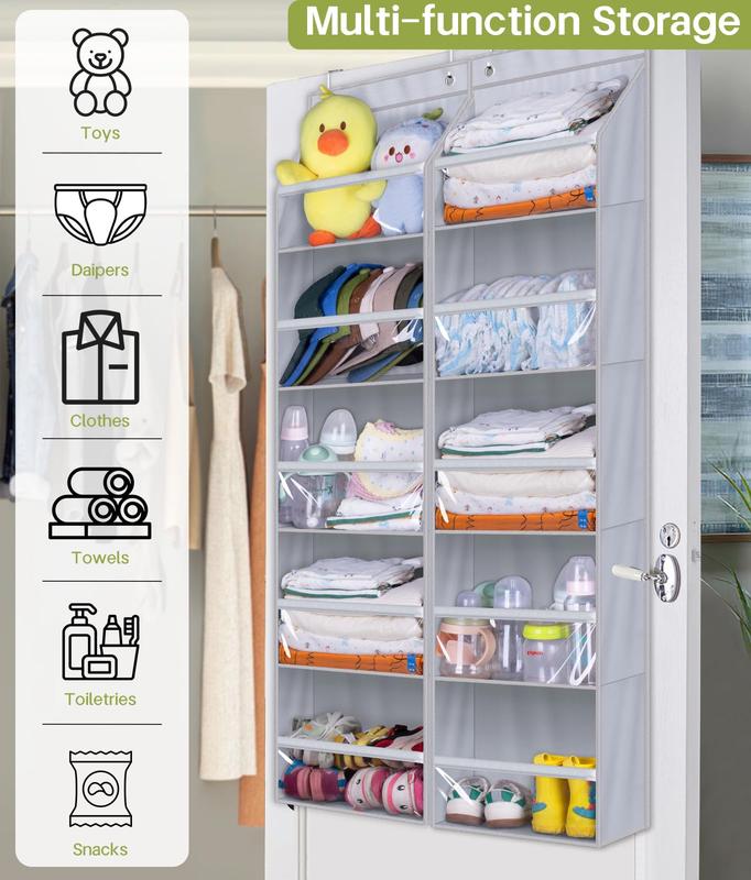 2 Pack Over the Door Organizer, Large Capacity Closet Door Hanging Organizer, Clear Deep Pockets Baby Organizer Storage for Nursery, Bathroom, Bedroom, Pantry, Diapers