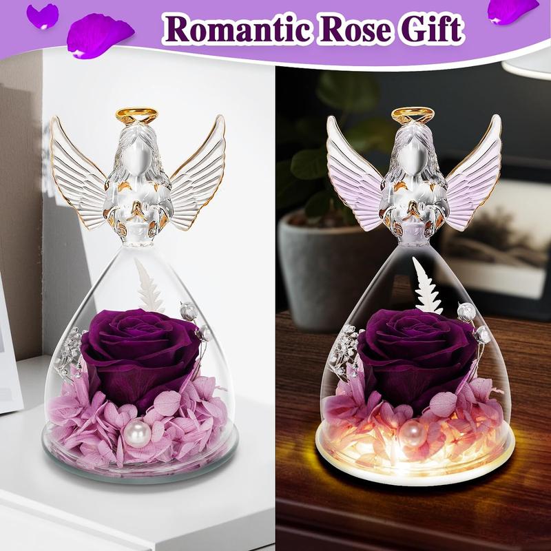 Preserved Flowers Gift for Mom, Grandma, Angel Figurine with Rose & Light, Ideal Birthday, Mother's Day, Valentine's Day, Christmas, Thanksgiving Day Gift for Her, Women, Wife Decor Decorative Fruit Plants Ornaments