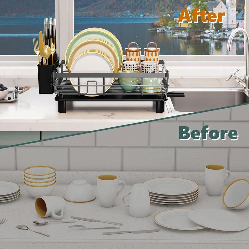 Kitchen Dish Drying Rack for Countertop with Drainboard Adjustable Spout Dish Strainers with Utensil Holder Knife Slots