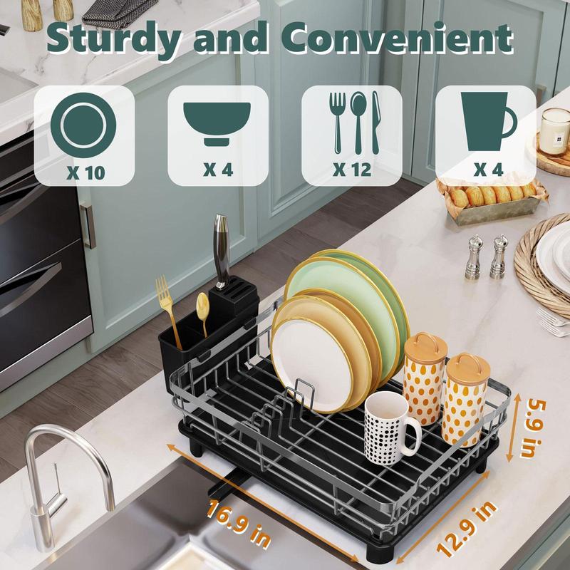 Kitchen Dish Drying Rack for Countertop with Drainboard Adjustable Spout Dish Strainers with Utensil Holder Knife Slots