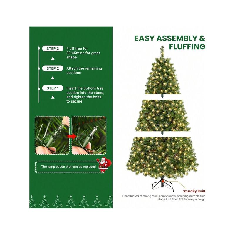 SHARECONN 4FT, 5FT, 6FT, 7FT, 7.5FT, 9FT, SHareconn Prelit Premium Artificial Hinged Christmas Tree With Pre-Lit Warm White Lights, Branch Tips And Foldable Stand, Perfect Choice For Xmas Decoration, Green