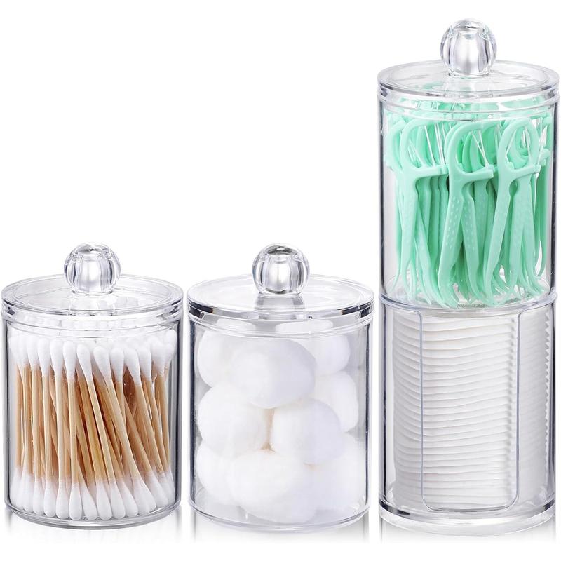 4 Pcs, Acrylic Holder Dispenser for Cotton Ball, Cotton Swab, Cotton Round Pads, Floss - Clear Plastic Apothecary Jar Set for Bathroom Canister Storage Organization, Vanity Makeup Organizer