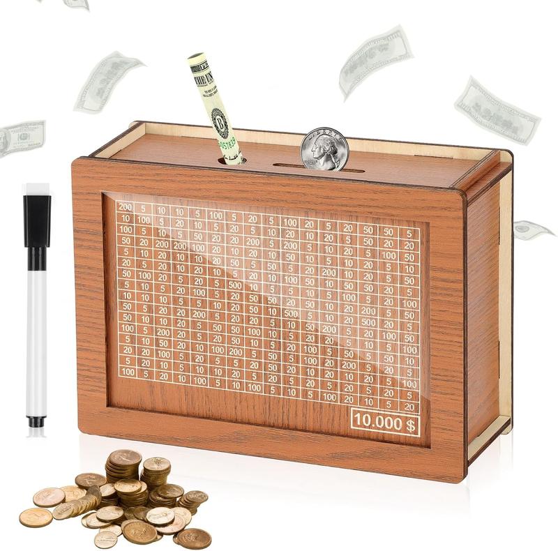 Cash Vault Wooden Savings Box,Wooden Cash Saver Money Box,Wooden Piggy Bank Coin Bank with Counting Target,10000 Savings Challenge Box,Wooden Coin Bank for Boys and Girls