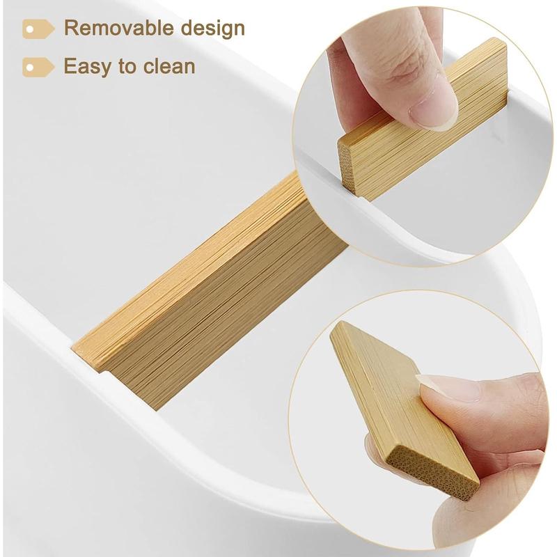 White toothbrush holder with bamboo divider. Detachable for easy cleaning. Multi-functional storage with 2 slots for electric toothbrush and toothpaste. Organizer for bathroom vanity, sink, countertop.