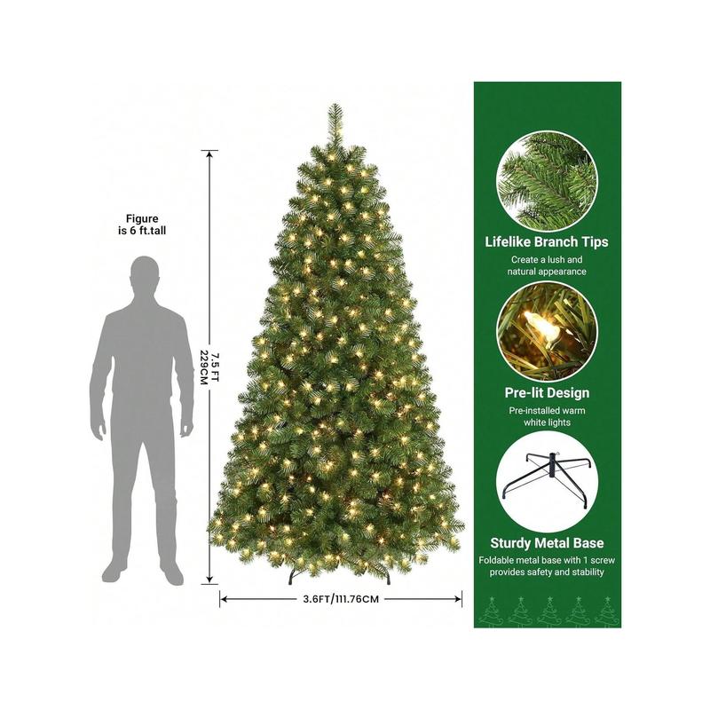 SHARECONN 4FT, 5FT, 6FT, 7FT, 7.5FT, 9FT, SHareconn Prelit Premium Artificial Hinged Christmas Tree With Pre-Lit Warm White Lights, Branch Tips And Foldable Stand, Perfect Choice For Xmas Decoration, Green