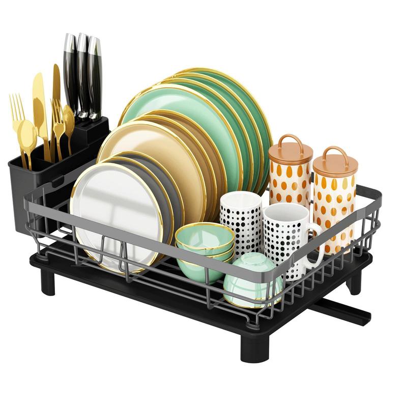 Kitchen Dish Drying Rack for Countertop with Drainboard Adjustable Spout Dish Strainers with Utensil Holder Knife Slots