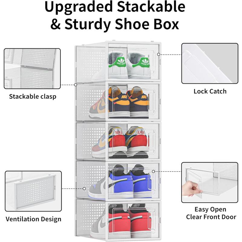 12 Pack Shoe Organizer Storage Bins, Clear Plastic Stackable Shoe Boxes for Closet, Space Saving Foldable, Sneaker Shoe Box, White Frame