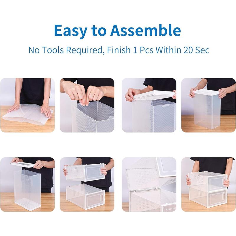 12 Pack Shoe Organizer Storage Bins, Clear Plastic Stackable Shoe Boxes for Closet, Space Saving Foldable, Sneaker Shoe Box, White Frame