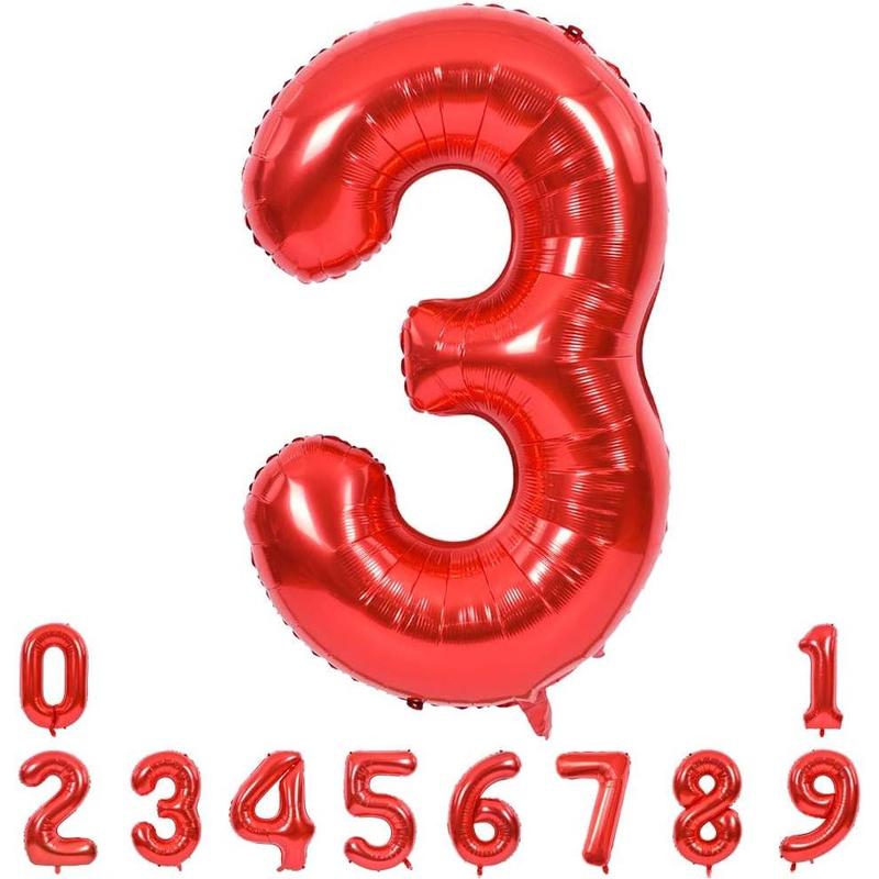 40 Inch Red Large Numbers Balloons 0-9, Number 3 Digit 3 Helium Balloons, Foil Mylar Big Number Balloons for Birthday Party Anniversary Supplies Decorations Photo Prop