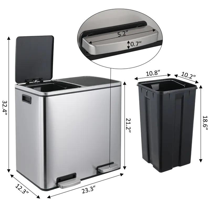 Kitchen Trash Can 8 12 Gallons Stainless Steel Dual Compartment Garbage Can, Pedal Recycling Bin, Stay-Open Lid and Soft Closure