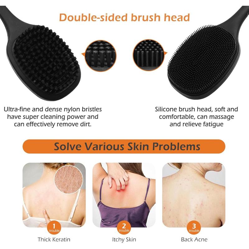 Silicone Double-sided Back Cleaning Brush, Long Handle Double-sided Body Scrubber for Shower Exfoliation & Massage, Household Bathroom Supplies