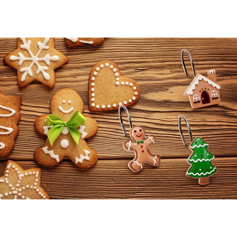 Cute Gingerbread House Christmas Shower Curtain Hooks Set of 12 Resin Xmas Tree Ginger Cake Man Bathroom Decor Accessories Set Candyland Festive Winter Holiday Christmas Shower Hooks Rustproof