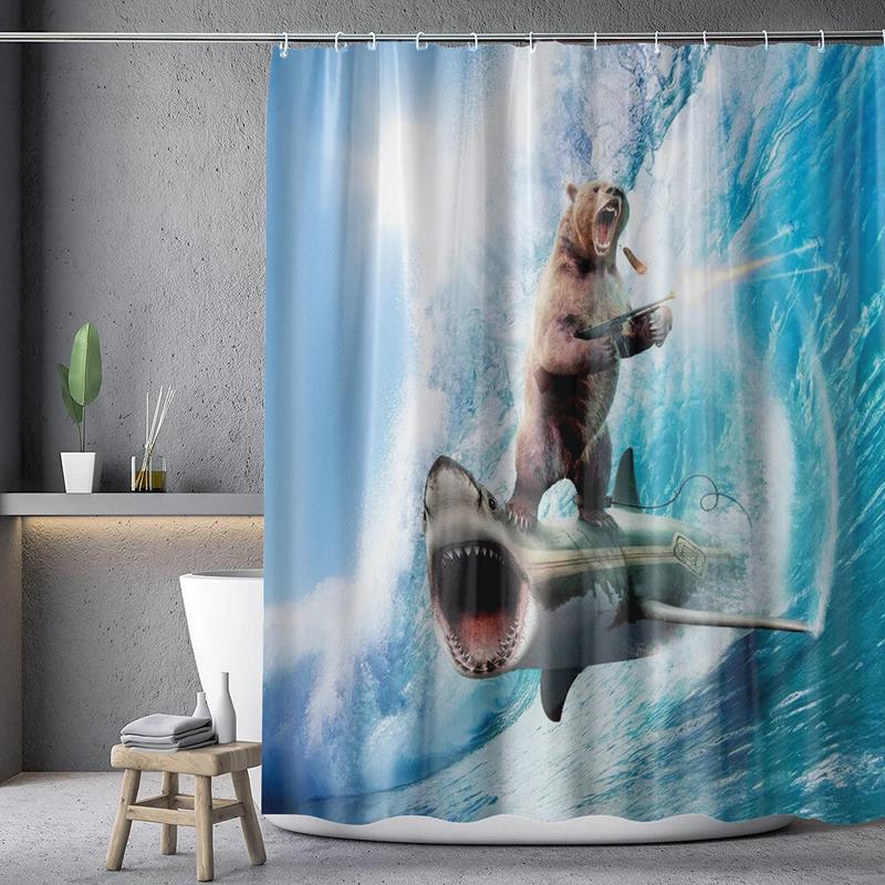 Cartoon Bear & Shark Pattern Shower Curtain, Funny Waterproof Bathroom Curtain with 12pcs Hooks, Bathroom Accessories, Home Supplies