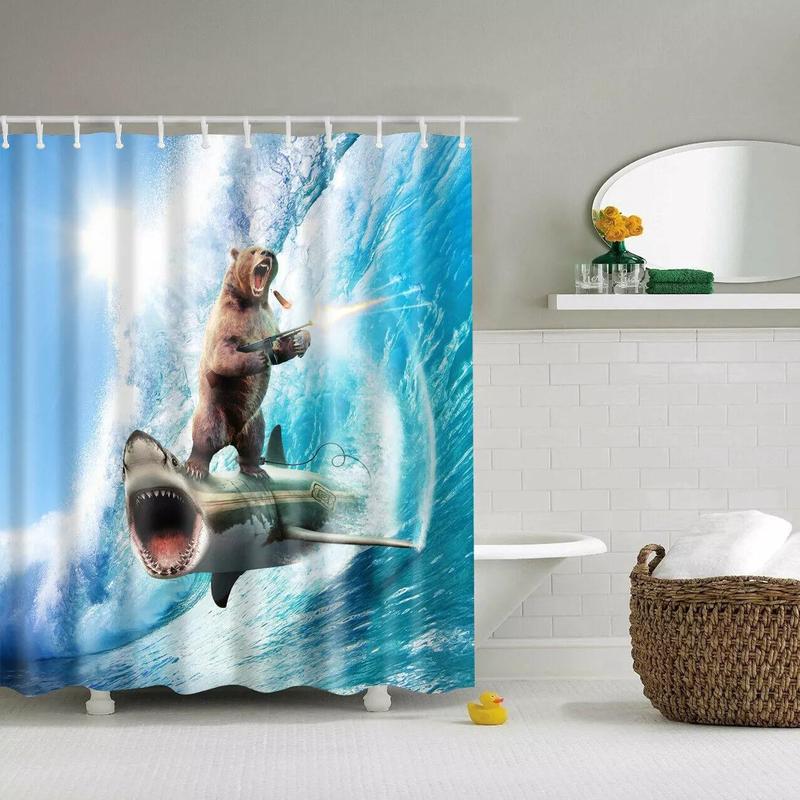 Cartoon Bear & Shark Pattern Shower Curtain, Funny Waterproof Bathroom Curtain with 12pcs Hooks, Bathroom Accessories, Home Supplies