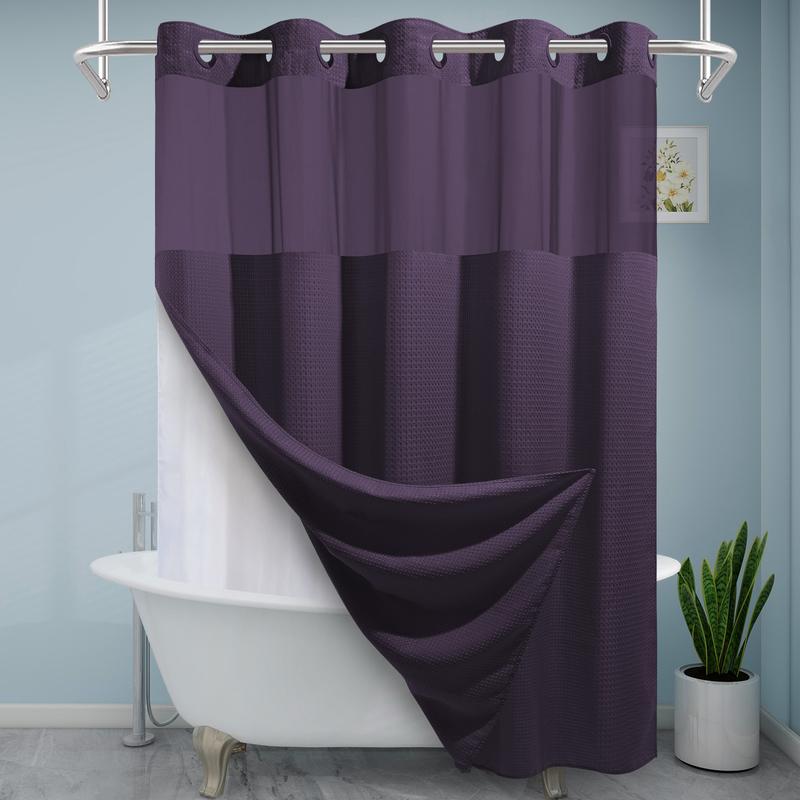 EUTXL 256GSM Waffle Weave Textured Heavy Duty NO HOOKS Purple Shower Curtain and Liner set - Hotel Luxury Weighted Bath Curtain,71W x 74H,71W x 86H