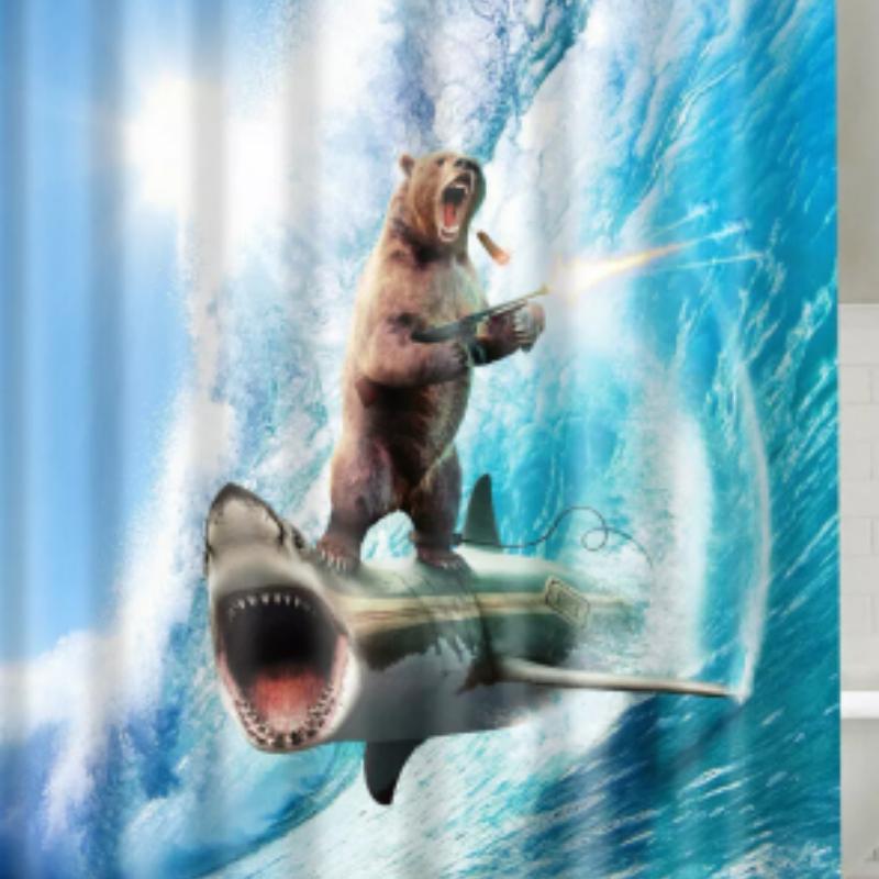 Cartoon Bear & Shark Pattern Shower Curtain, Funny Waterproof Bathroom Curtain with 12pcs Hooks, Bathroom Accessories, Home Supplies