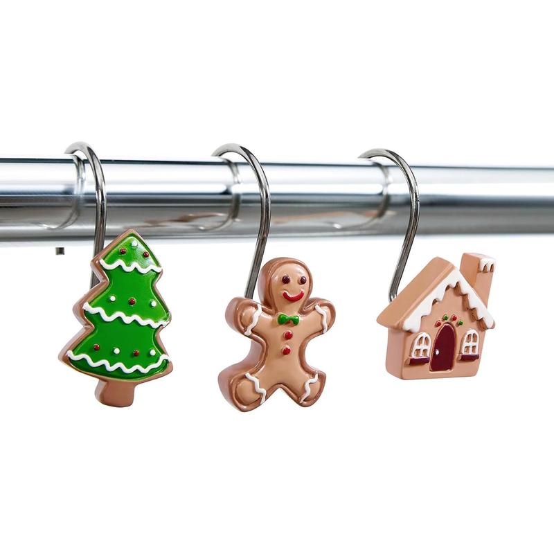 Cute Gingerbread House Christmas Shower Curtain Hooks Set of 12 Resin Xmas Tree Ginger Cake Man Bathroom Decor Accessories Set Candyland Festive Winter Holiday Christmas Shower Hooks Rustproof